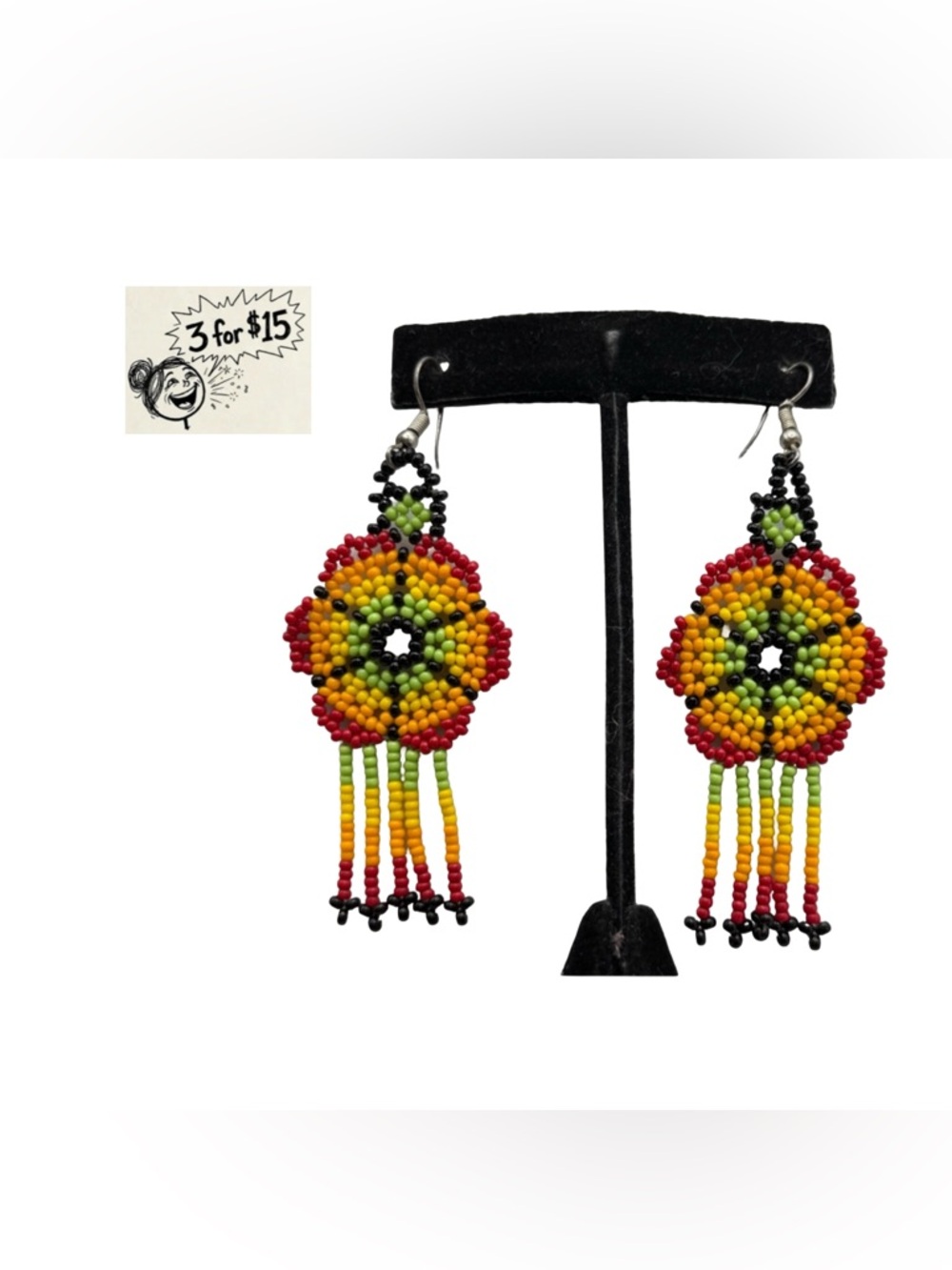 Handmade Red Yellow Green Seed Bead Fringe Earrings